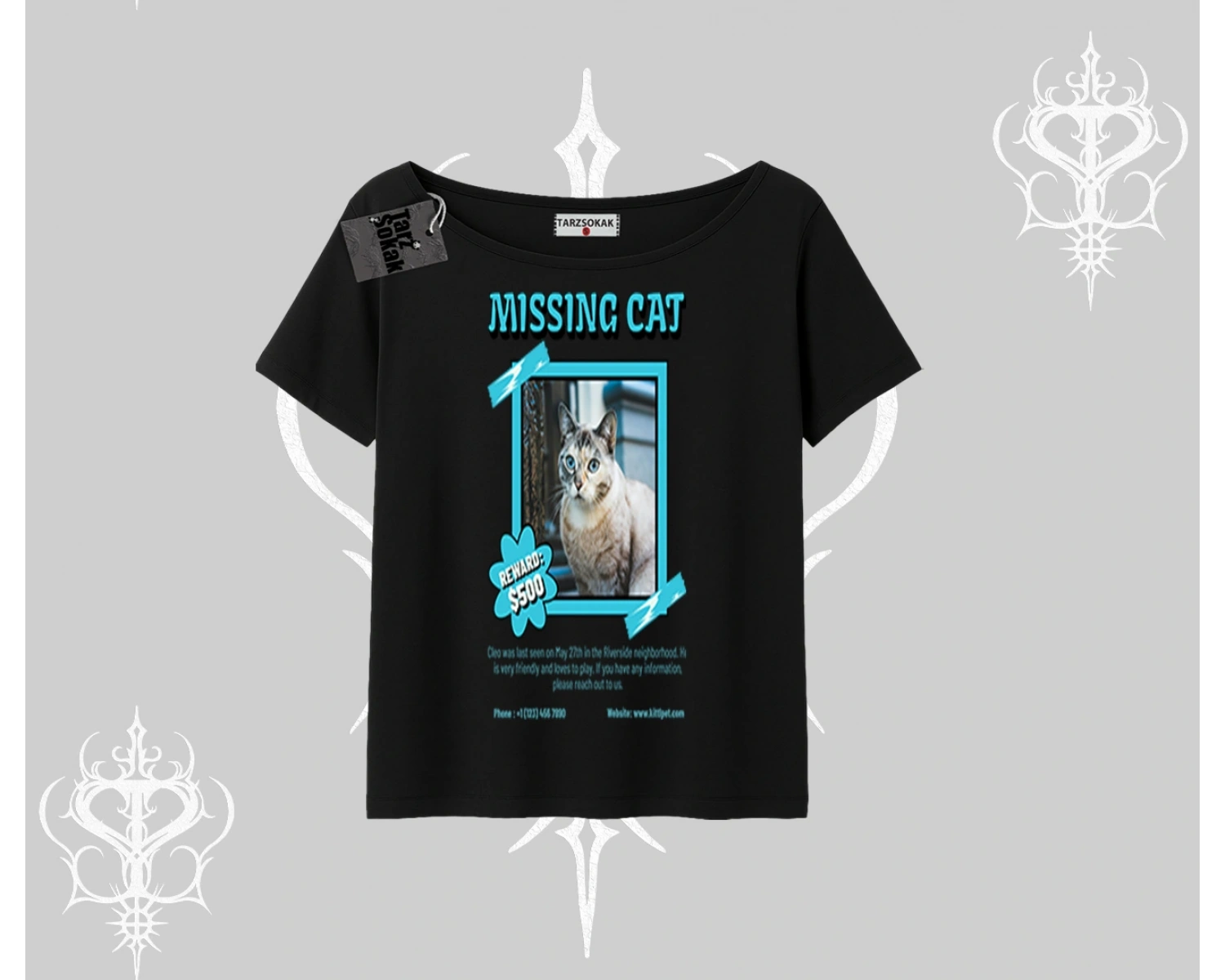 Missing Cat Baskılı Kayık Yaka Tshirt