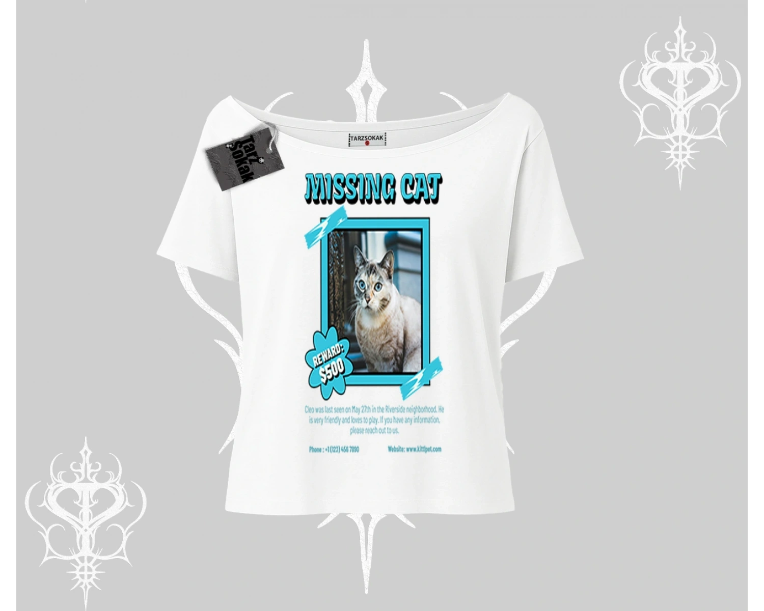 Missing Cat Baskılı Kayık Yaka Tshirt