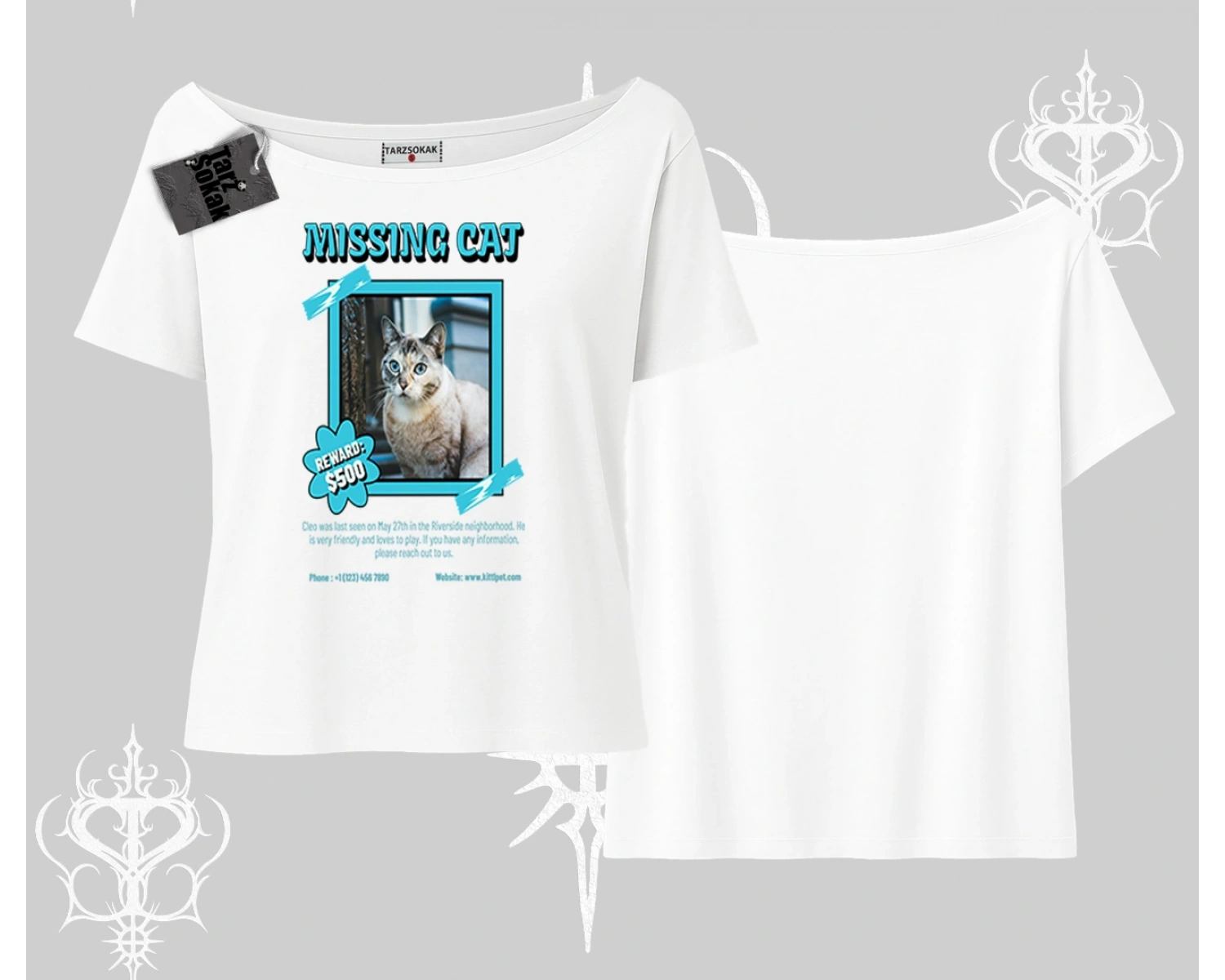 Missing Cat Baskılı Kayık Yaka Tshirt