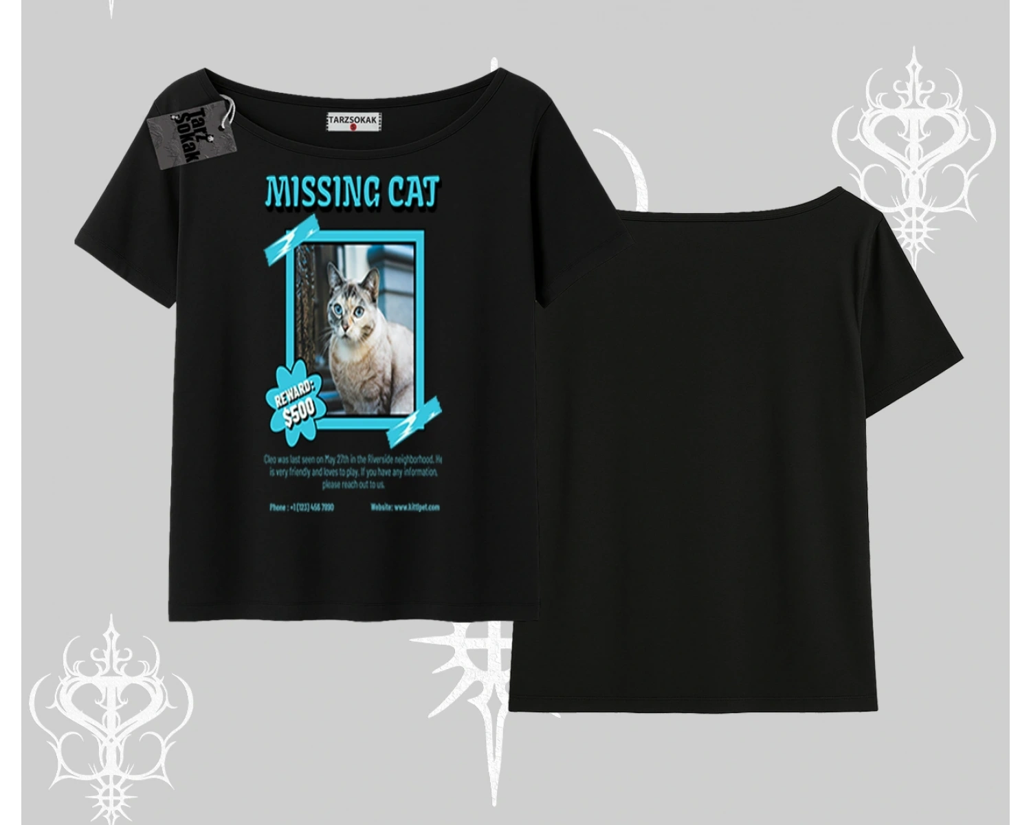 Missing Cat Baskılı Kayık Yaka Tshirt
