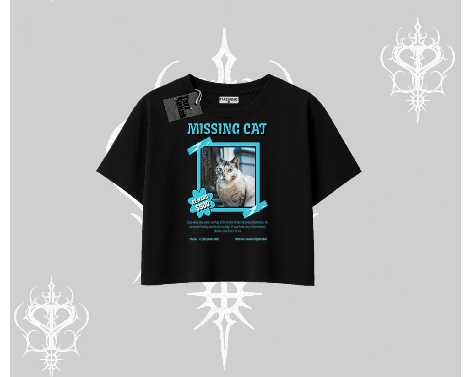 Missing Cat Baskılı Oversize Crop Tshirt