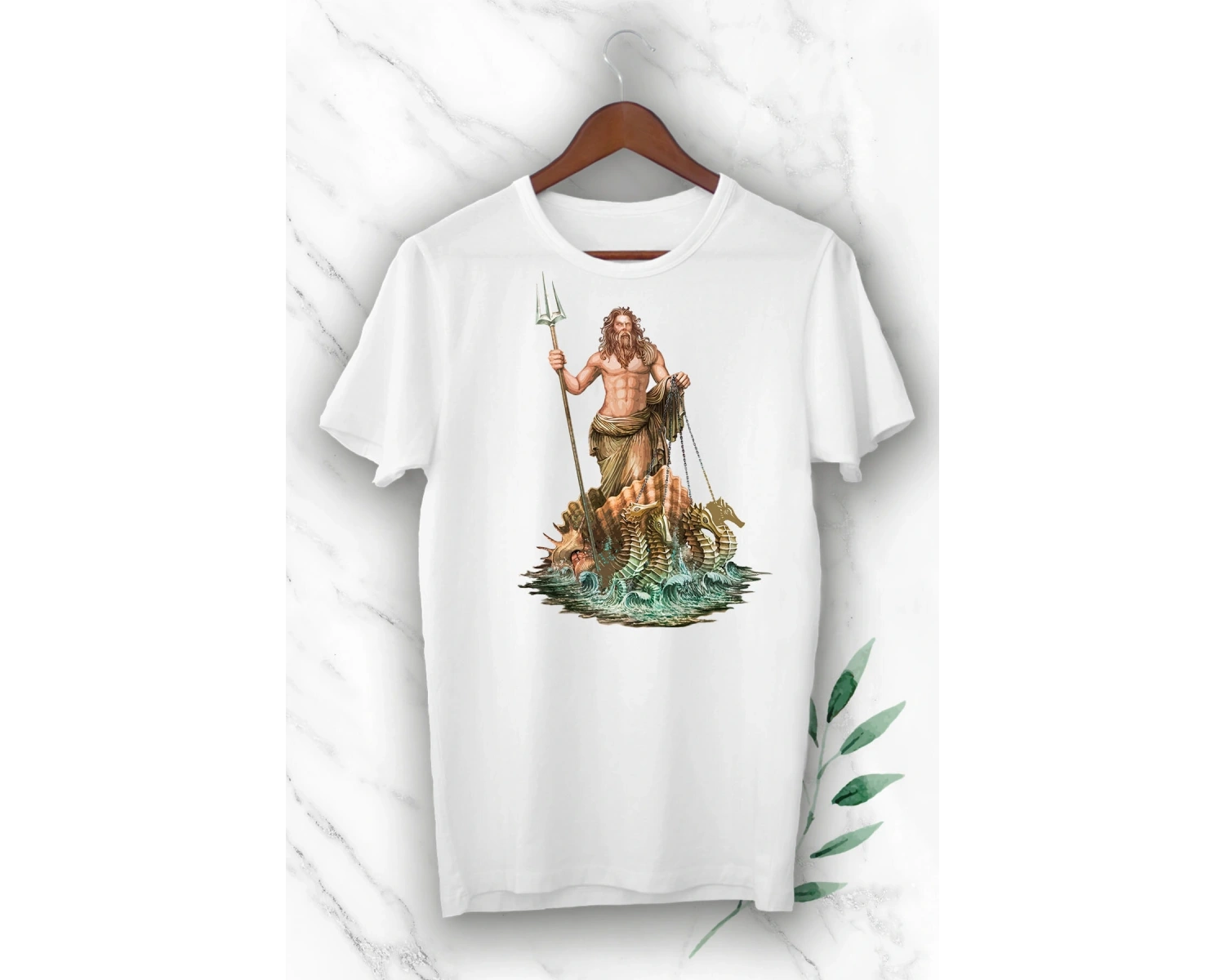 Mitoloji Denizler Tanrısı Poseidon Baskılı Beyaz Unısex Tişört