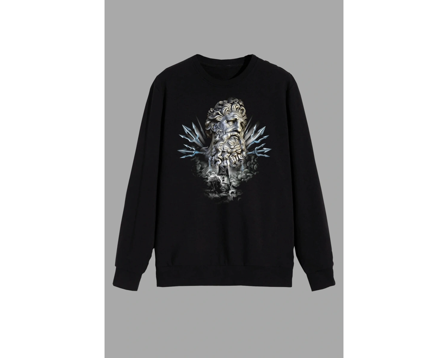 Mitoloji Denizler Tanrısı Poseidon Heykel Baskılı Siyah Unısex Sweatshirt