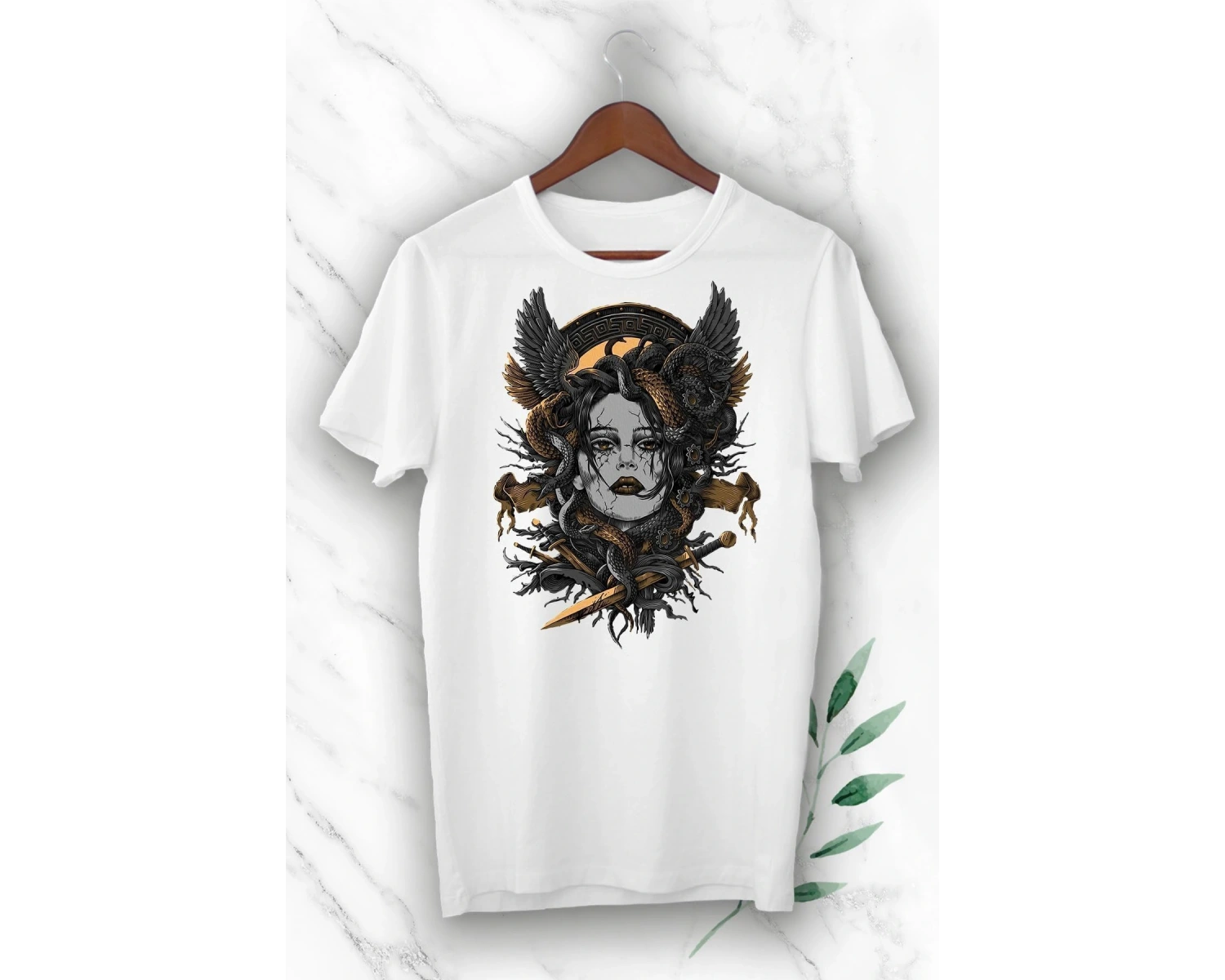 Mitoloji Medusa Baskılı Beyaz Unısex Tişört