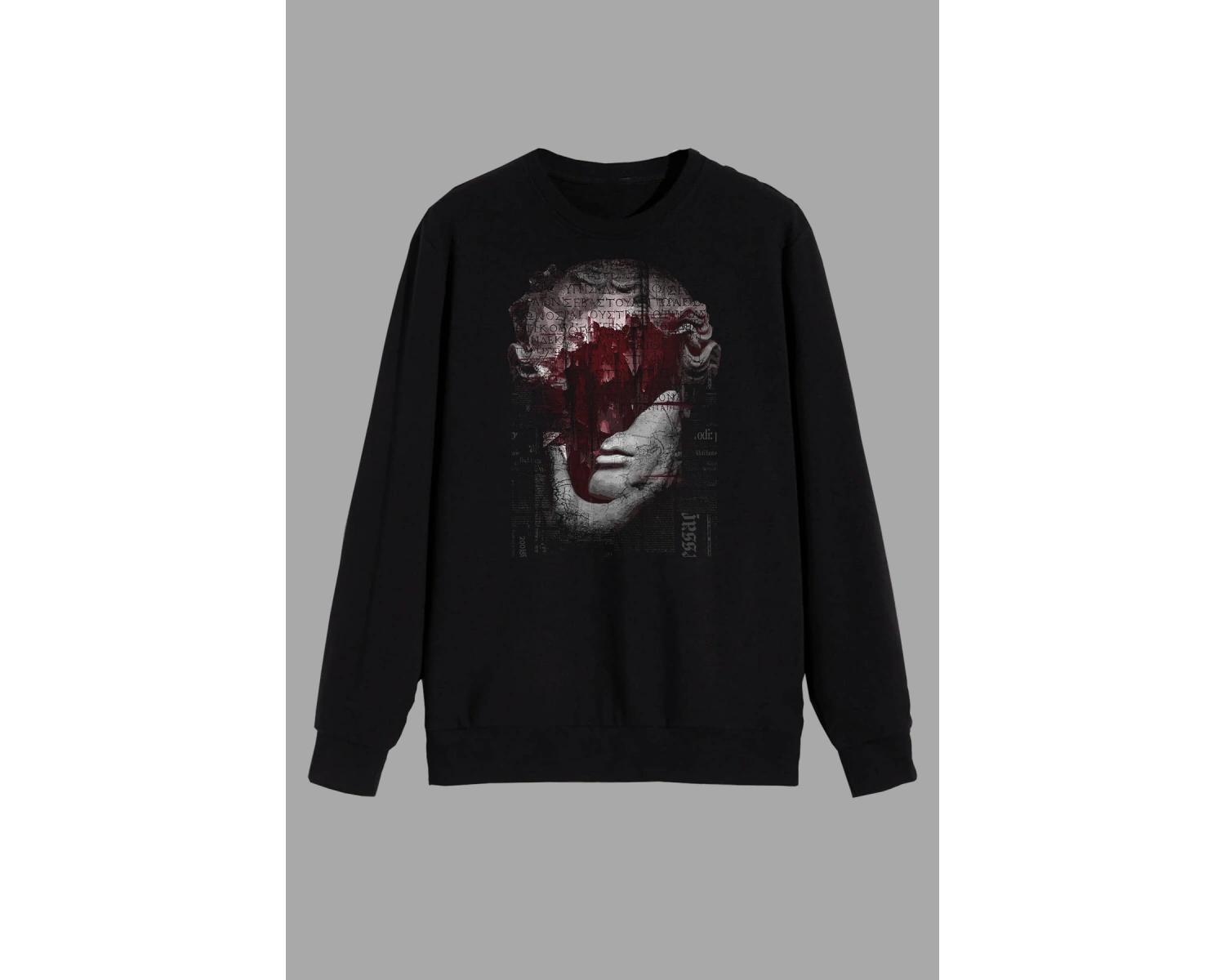 Mitoloji Renkli Heykel Baskılı Siyah Sweatshirt