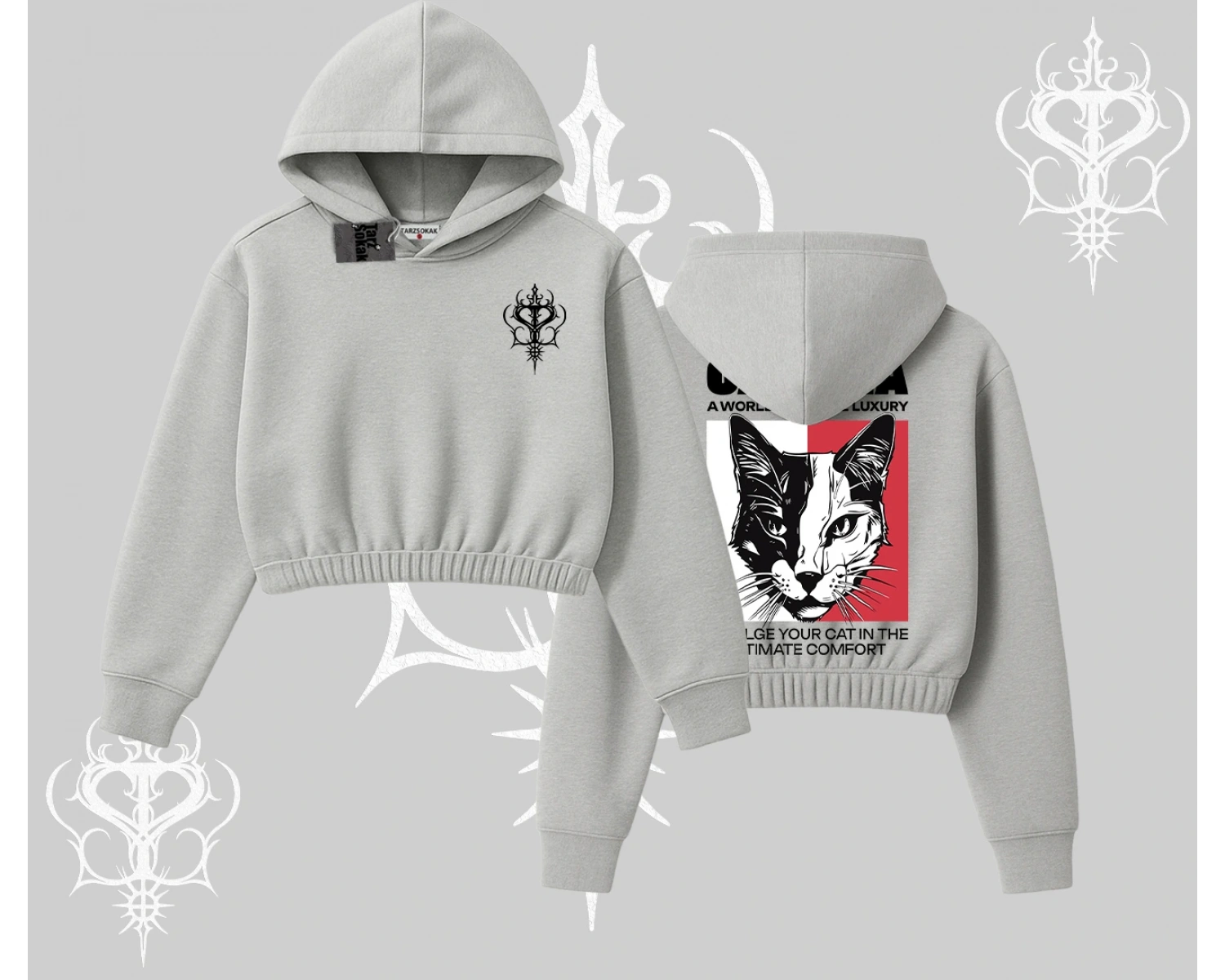 Modern Kedi Temalı Arka Baskılı Kapşonlu Crop Sweatshirt