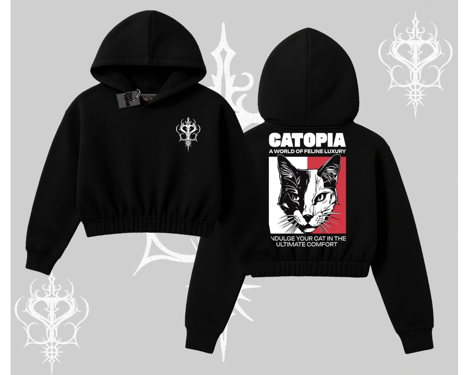 Modern Kedi Temalı Arka Baskılı Kapşonlu Crop Sweatshirt