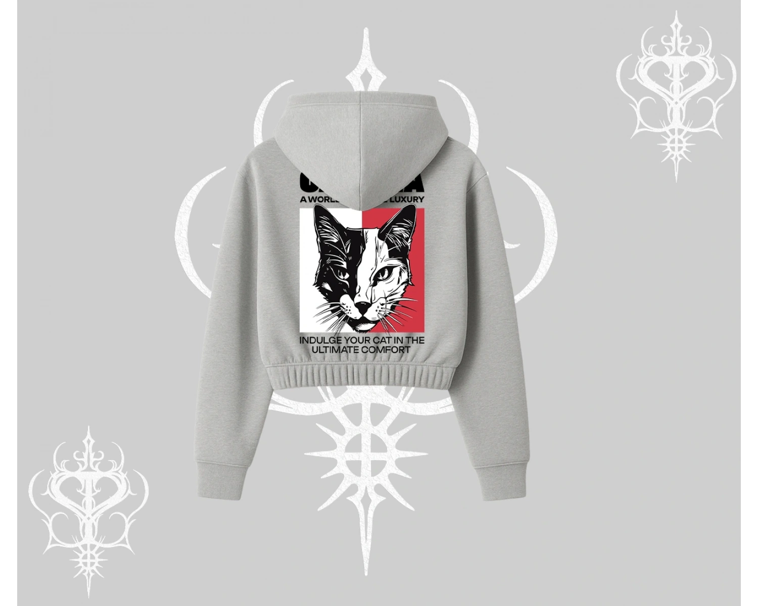 Modern Kedi Temalı Arka Baskılı Kapşonlu Crop Sweatshirt