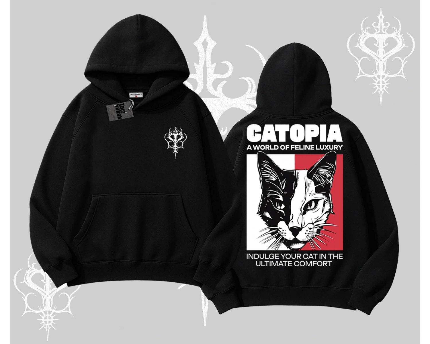 Modern Kedi Temalı Arka Baskılı Kapşonlu Sweatshirt