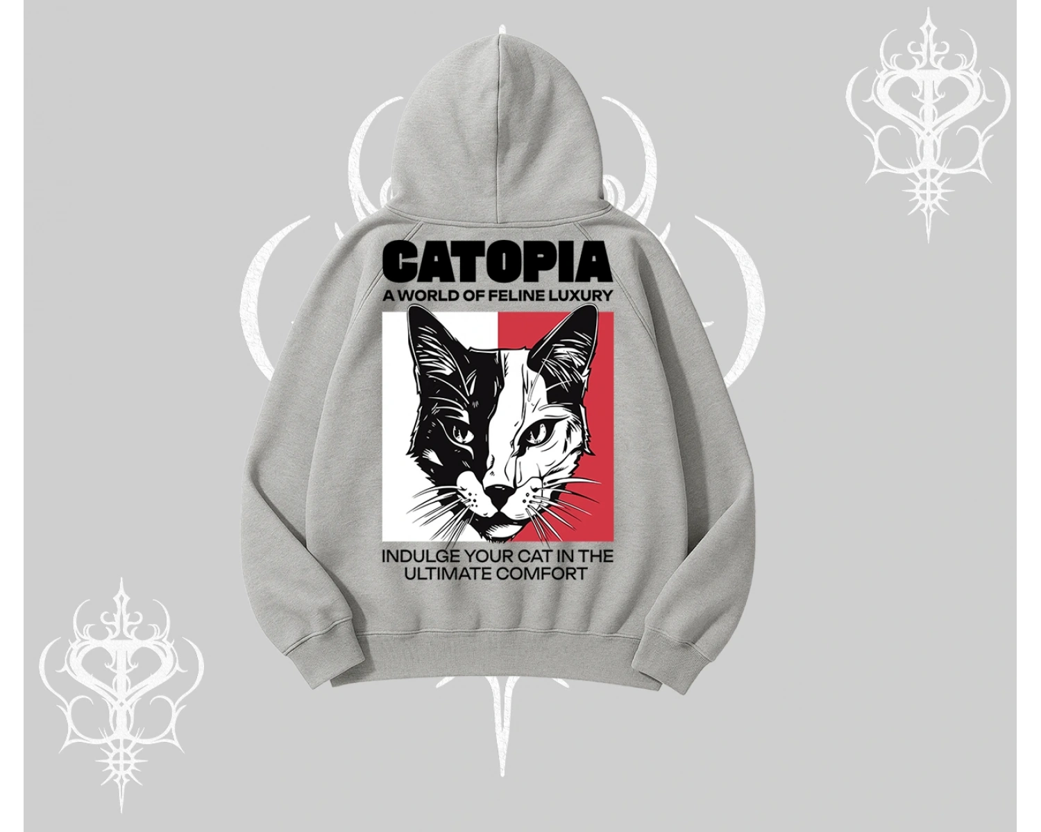Modern Kedi Temalı Arka Baskılı Kapşonlu Sweatshirt
