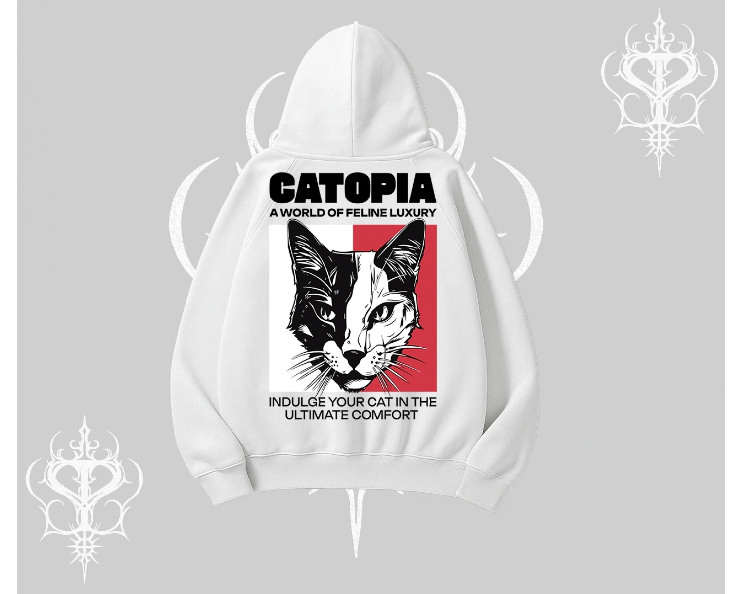 Modern Kedi Temalı Arka Baskılı Kapşonlu Sweatshirt