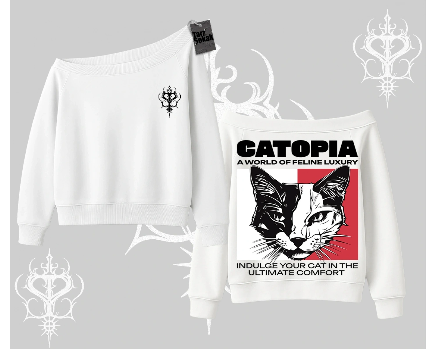 Modern Kedi Temalı Arka Baskılı Kayık Yaka Sweatshirt