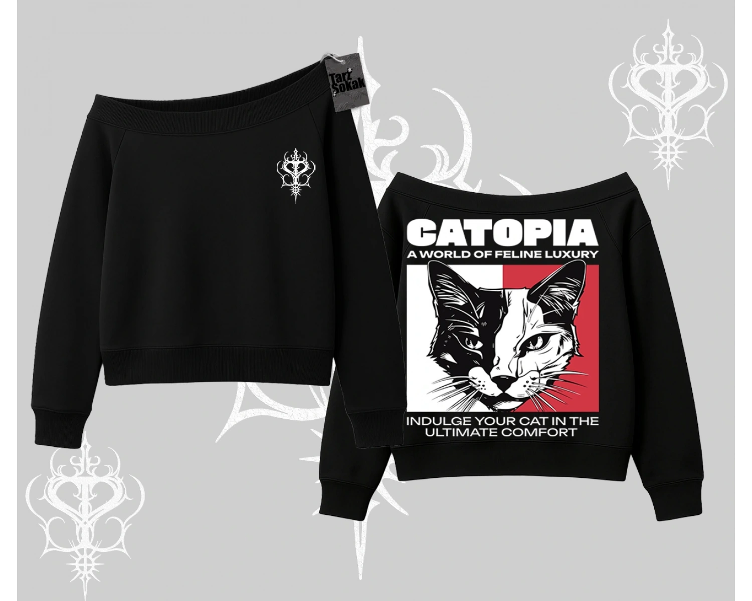 Modern Kedi Temalı Arka Baskılı Kayık Yaka Sweatshirt