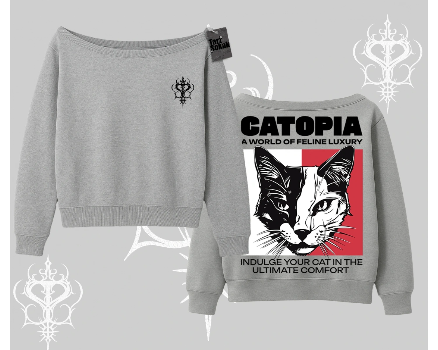 Modern Kedi Temalı Arka Baskılı Kayık Yaka Sweatshirt