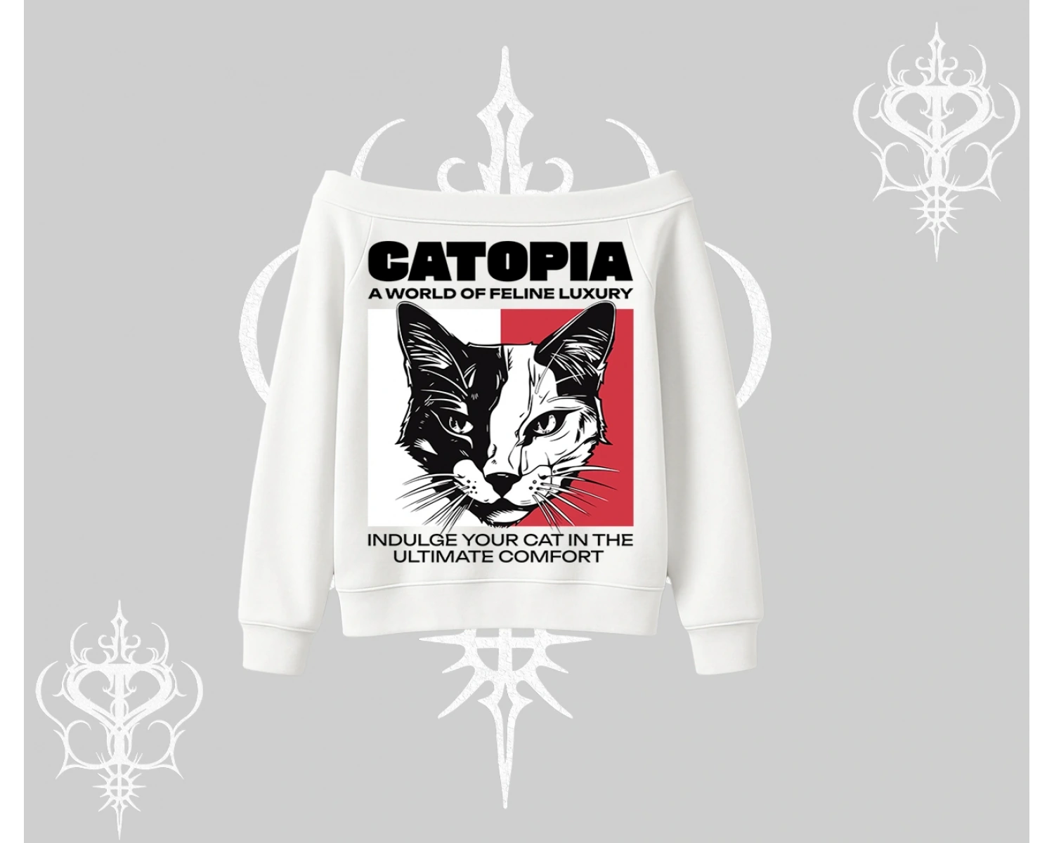 Modern Kedi Temalı Arka Baskılı Kayık Yaka Sweatshirt