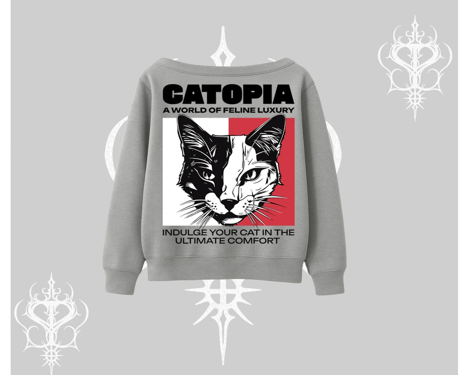 Modern Kedi Temalı Arka Baskılı Kayık Yaka Sweatshirt