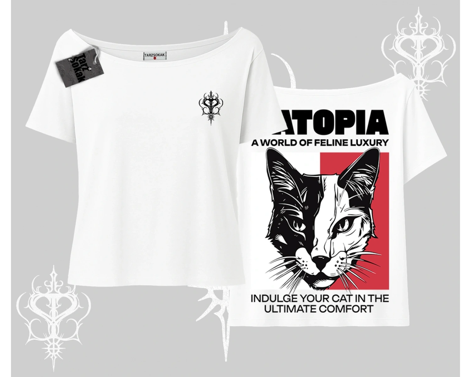 Modern Kedi Temalı Arka Baskılı Kayık Yaka Tshirt