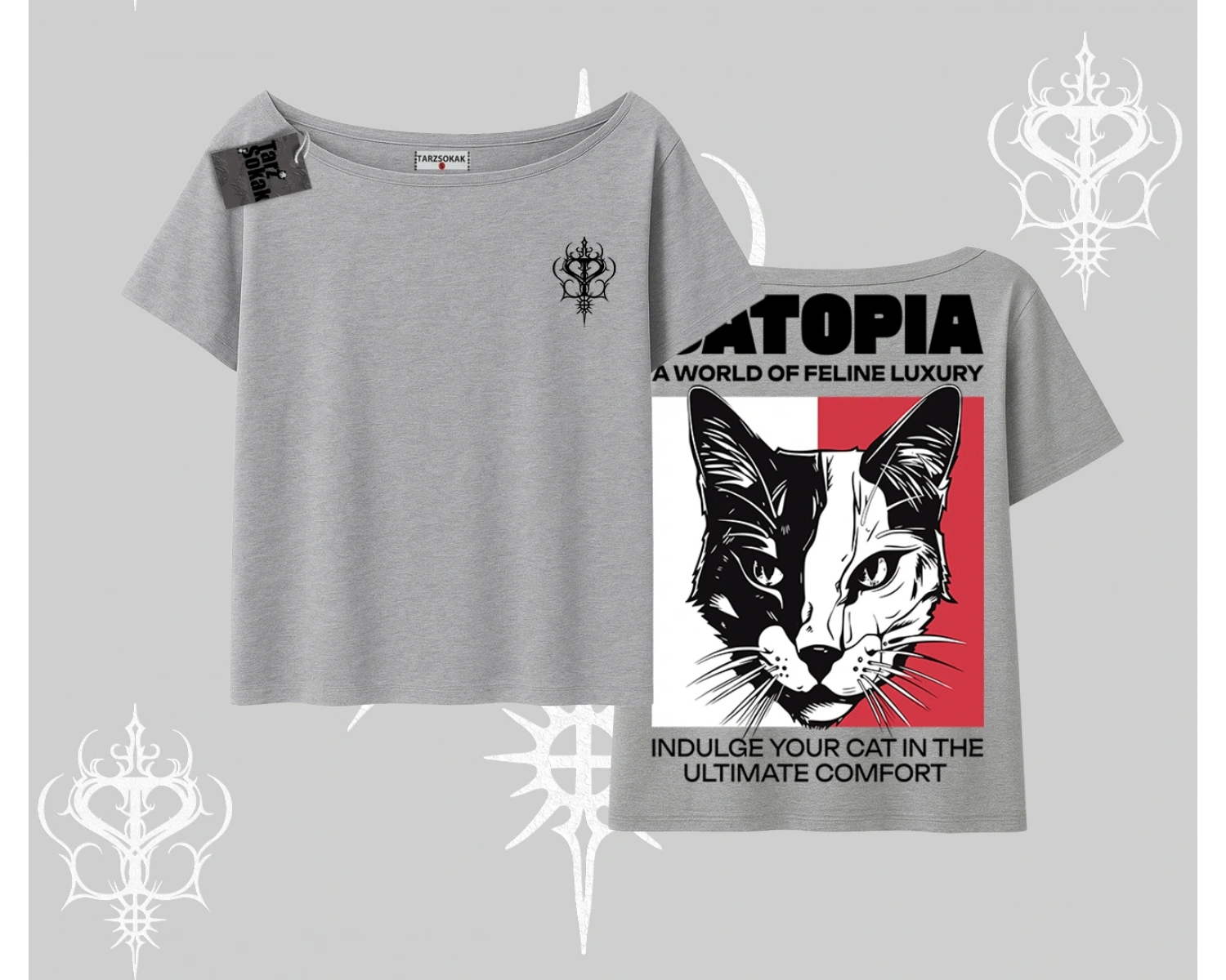 Modern Kedi Temalı Arka Baskılı Kayık Yaka Tshirt