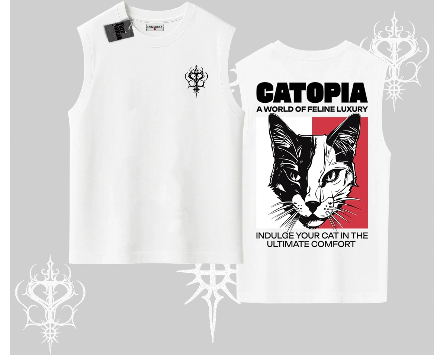 Modern Kedi Temalı Arka Baskılı Kolsuz Tshirt