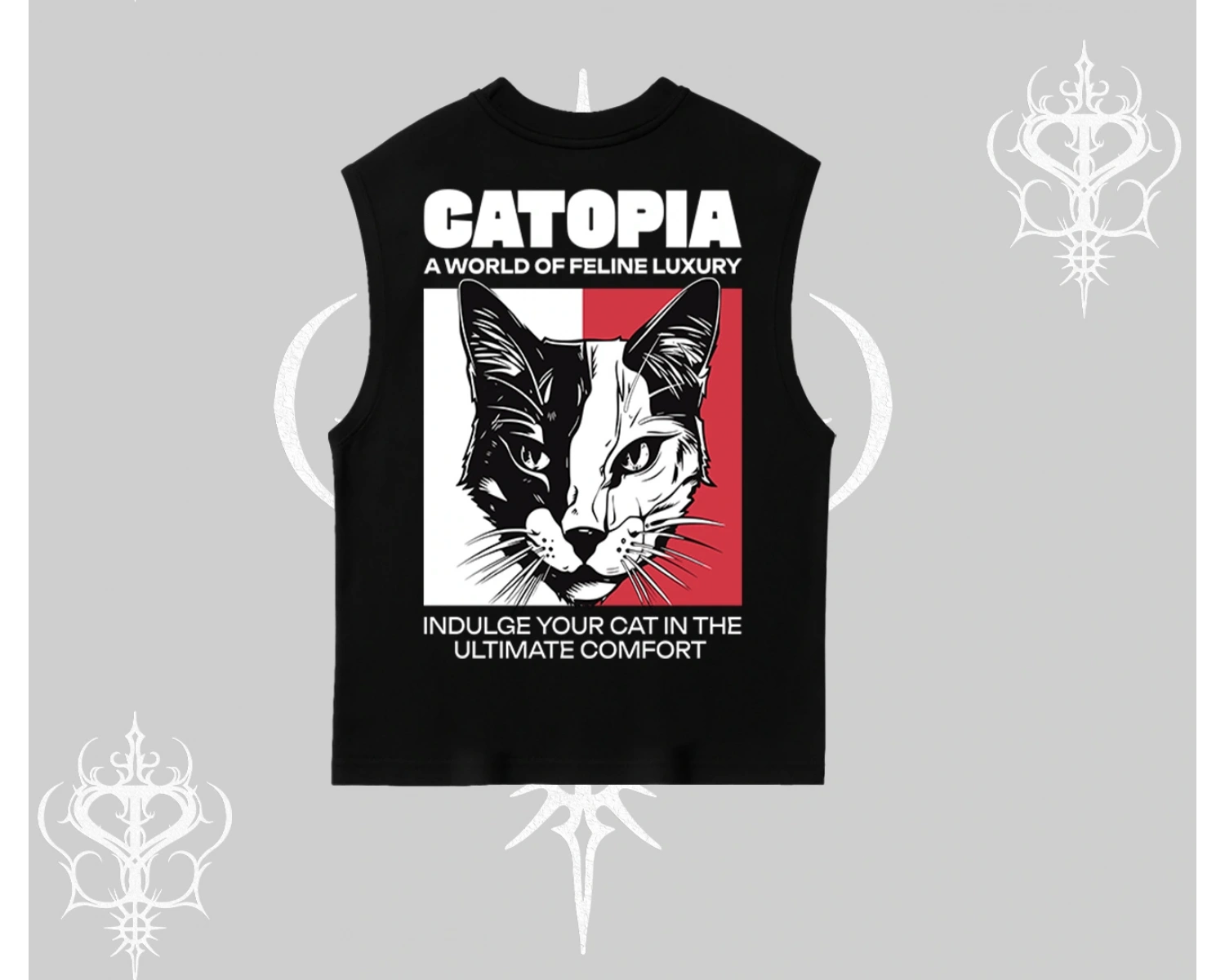 Modern Kedi Temalı Arka Baskılı Kolsuz Tshirt