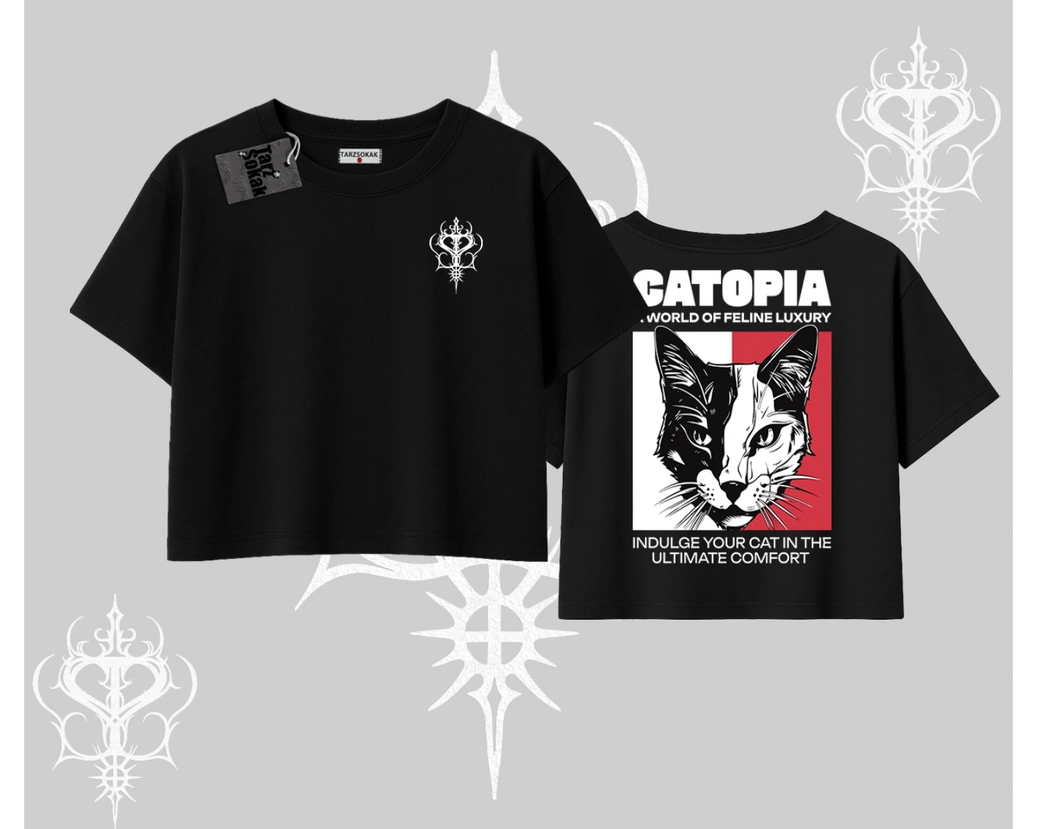 Modern Kedi Temalı Arka Baskılı Oversize Crop Tshirt