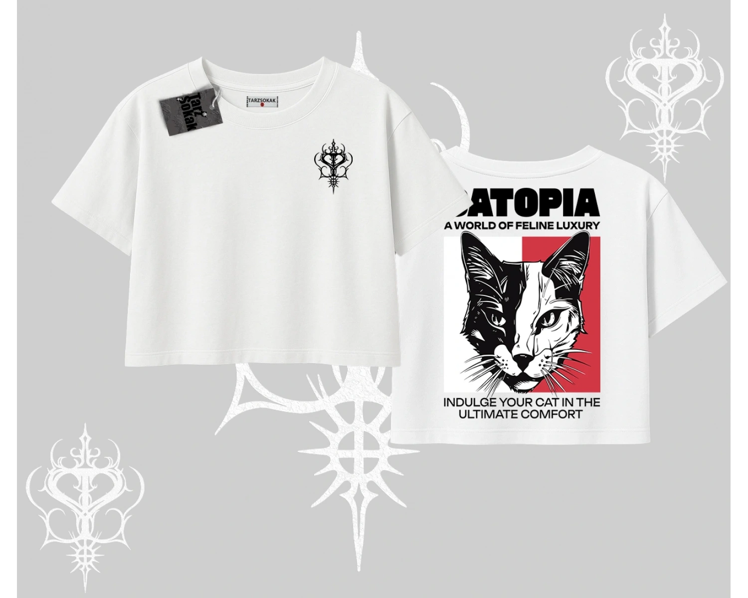 Modern Kedi Temalı Arka Baskılı Oversize Crop Tshirt