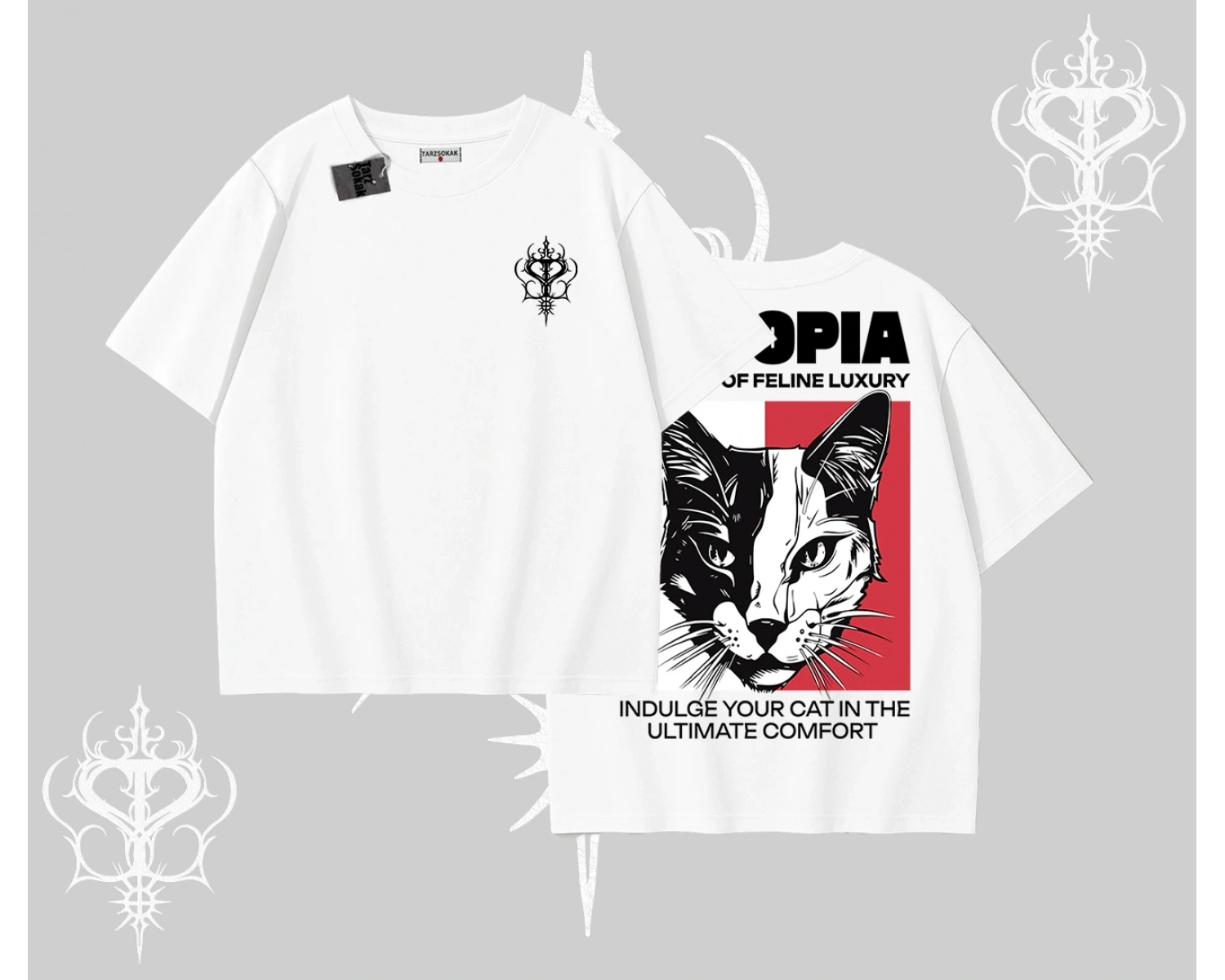 Modern Kedi Temalı Arka Baskılı Oversize Tshirt