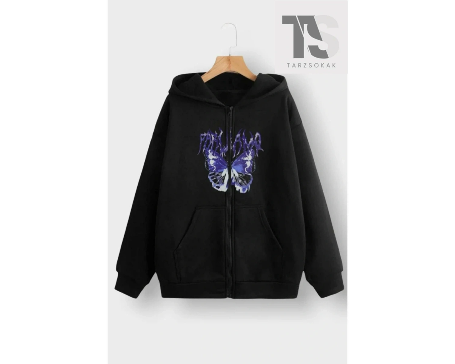 Mor Kelebek Yazılı Sweatshirt Fermuarlı Hırka Siyah