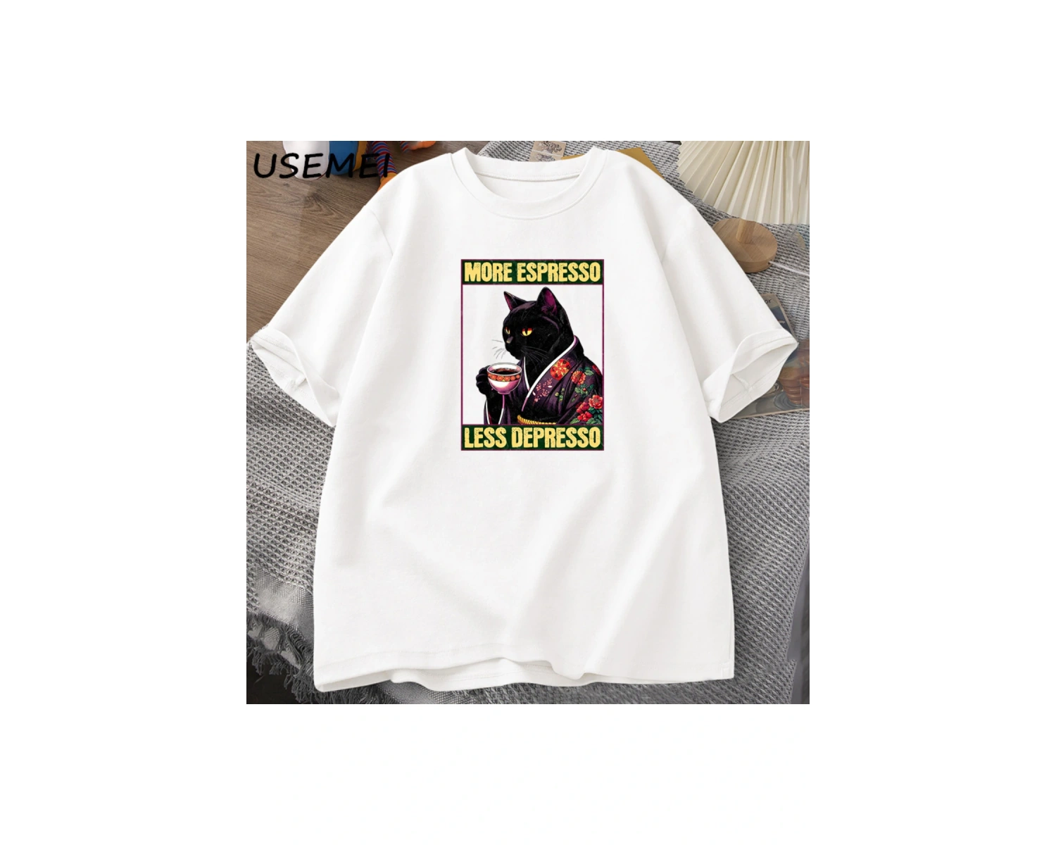 More Espresso Less Depresso Cat Drinking Coffee Funny T Shirt for Men Women Japanese Style Ca 2910