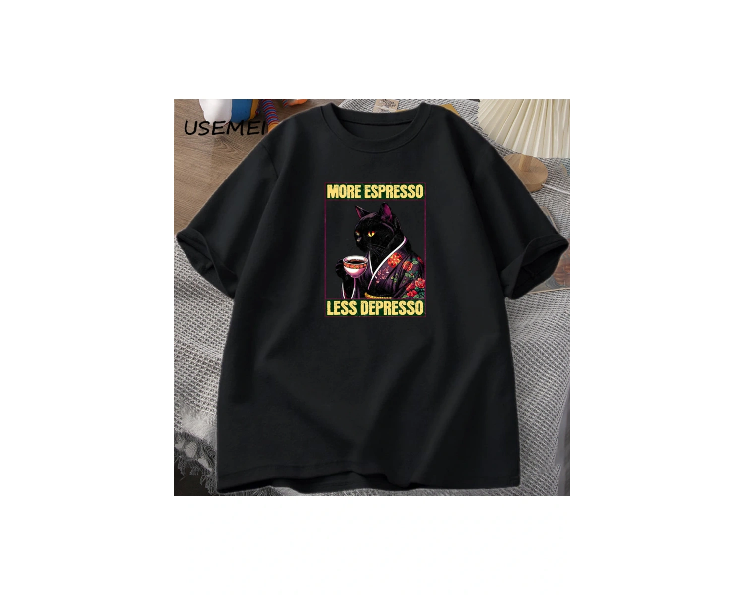 More Espresso Less Depresso Cat Drinking Coffee Funny T Shirt for Men Women Japanese Style Ca 2910