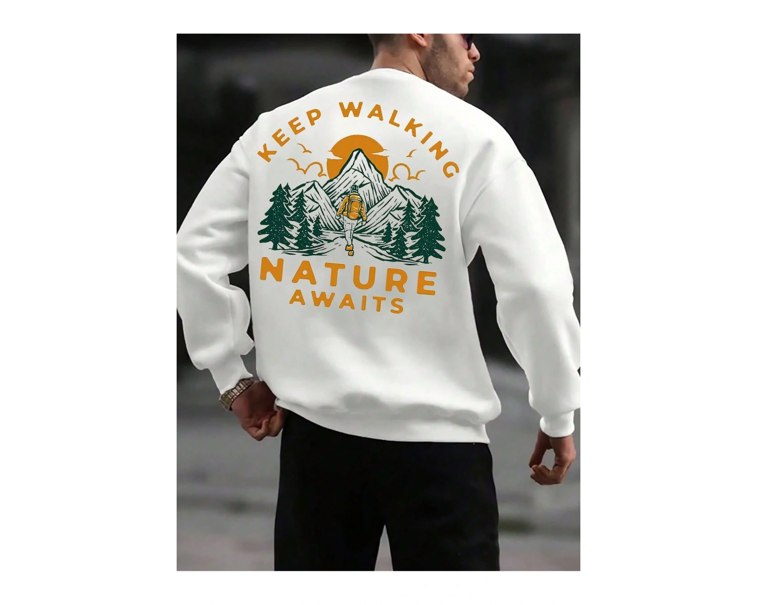 Mountain & Slogan Graphic Drop Shoulder Sweatshirt Beyaz