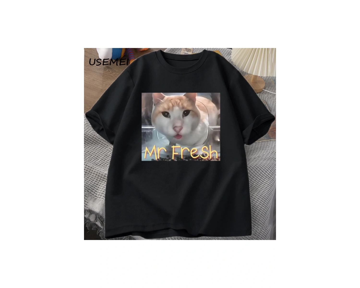Mr Fresh Meme T Shirt Turuncu Kedi Yeme T-shirt Yan Göz Komik Meme Kedi Kameraya Bakan Gıda T 3042