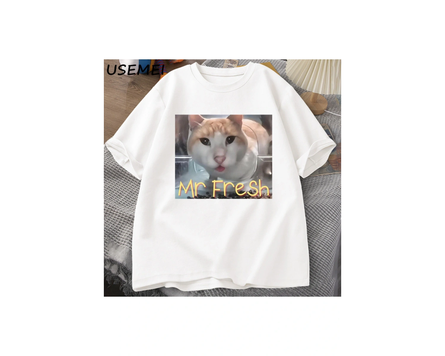 Mr Fresh Meme T Shirt Turuncu Kedi Yeme T-shirt Yan Göz Komik Meme Kedi Kameraya Bakan Gıda T 3042