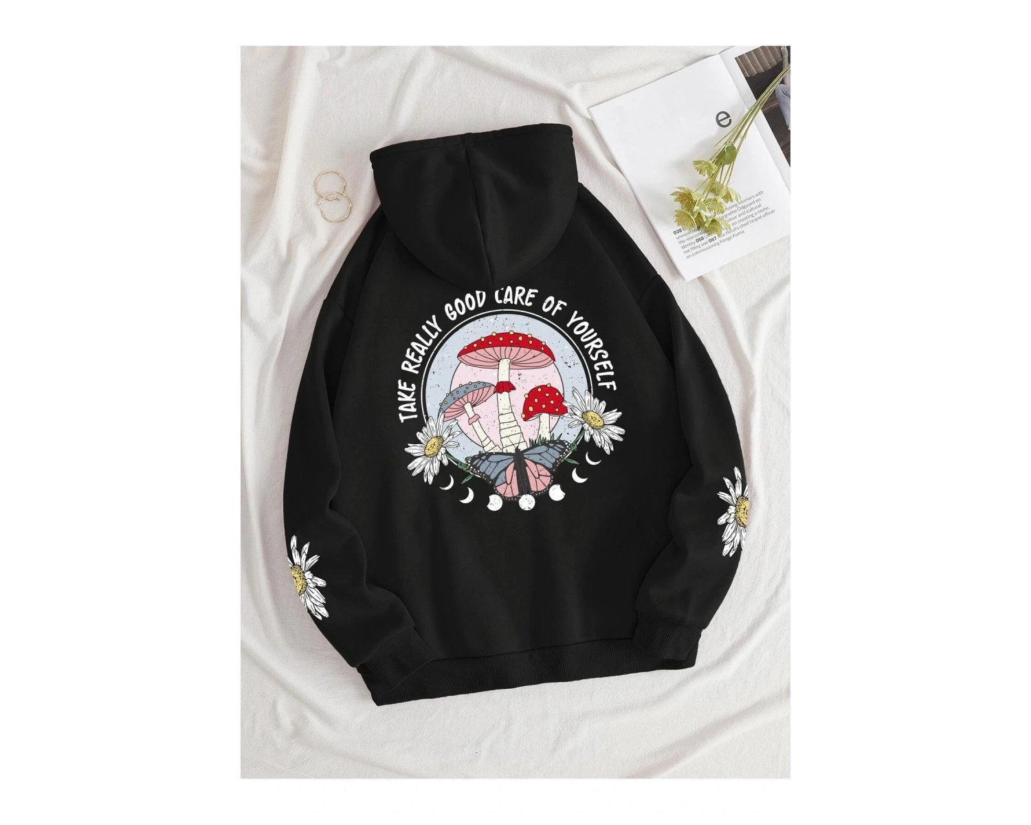 Mushroom & Slogan Graphic Kangaroo Pocket Drawstring Hoodie Siyah