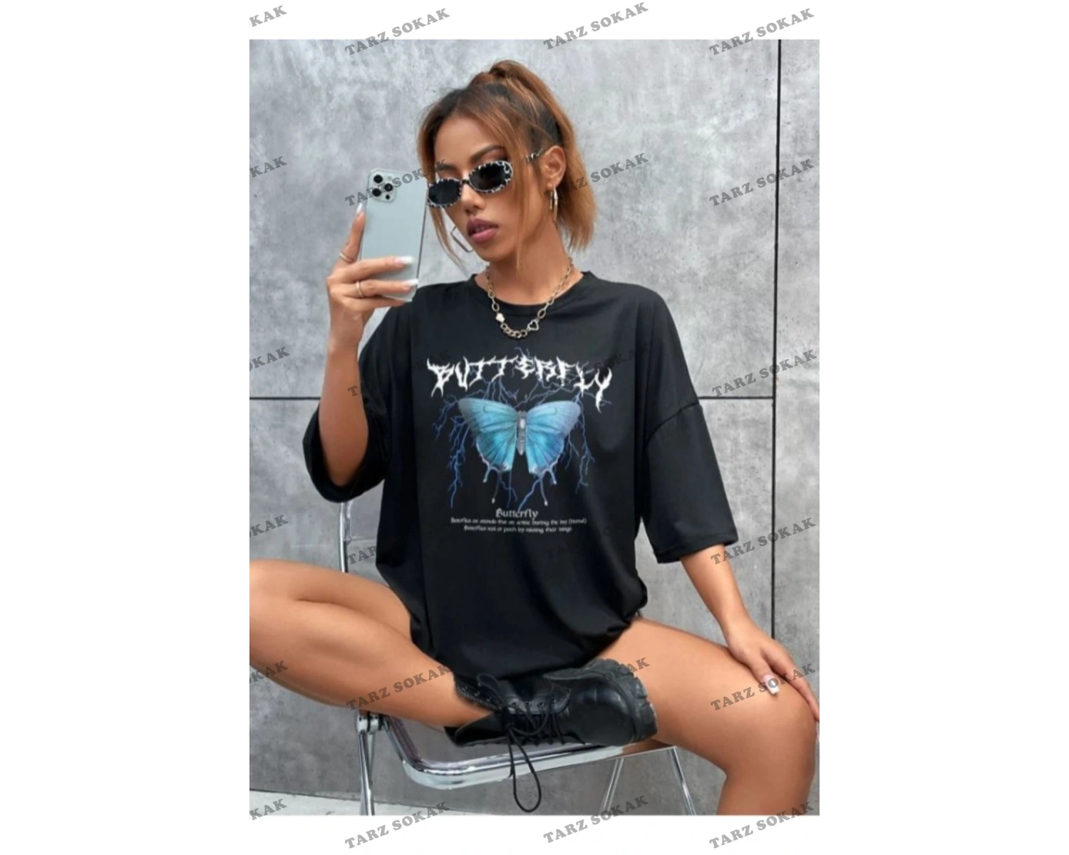 My Blog Siyah Kelebek Baskılı Oversize