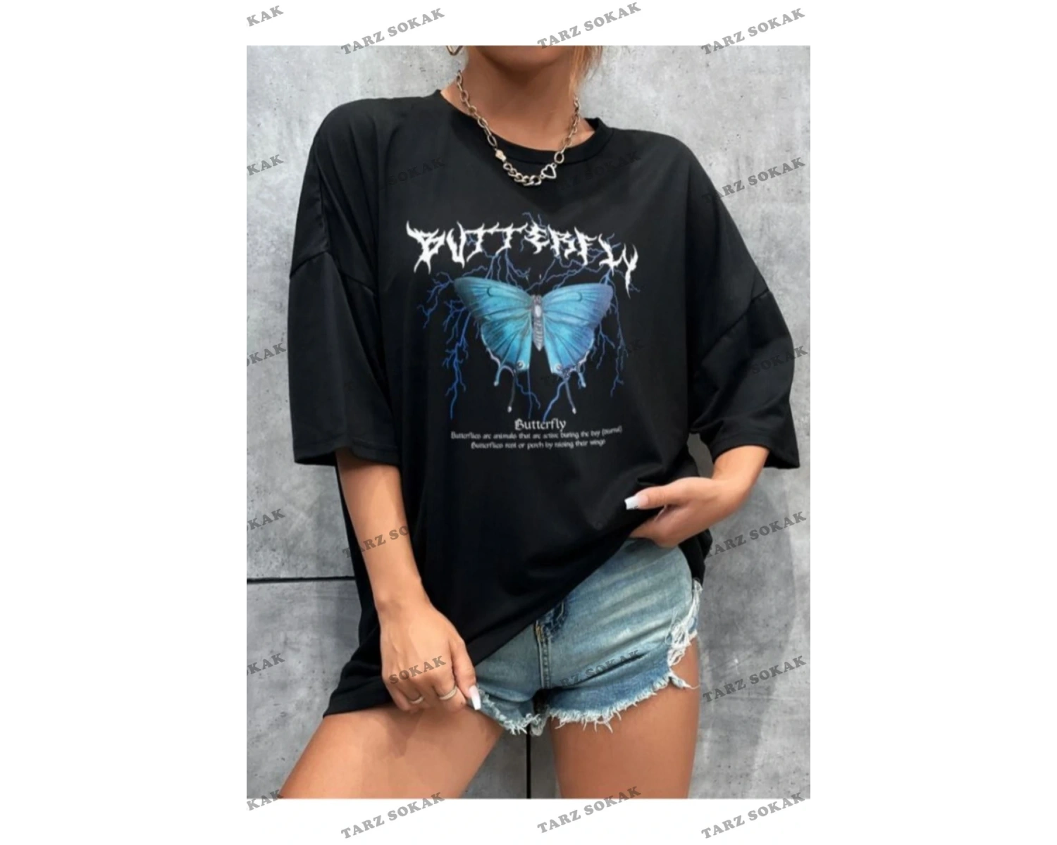 My Blog Siyah Kelebek Baskılı Oversize