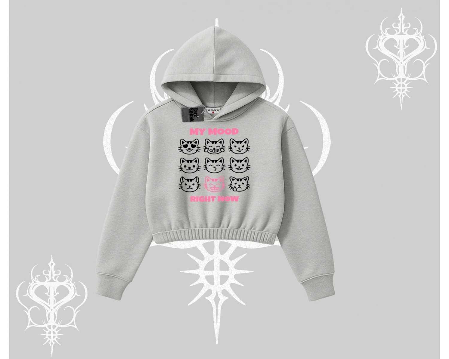 My Mood Right Now Yazılı Sevimli Kedi Kapşonlu Crop Sweatshirt