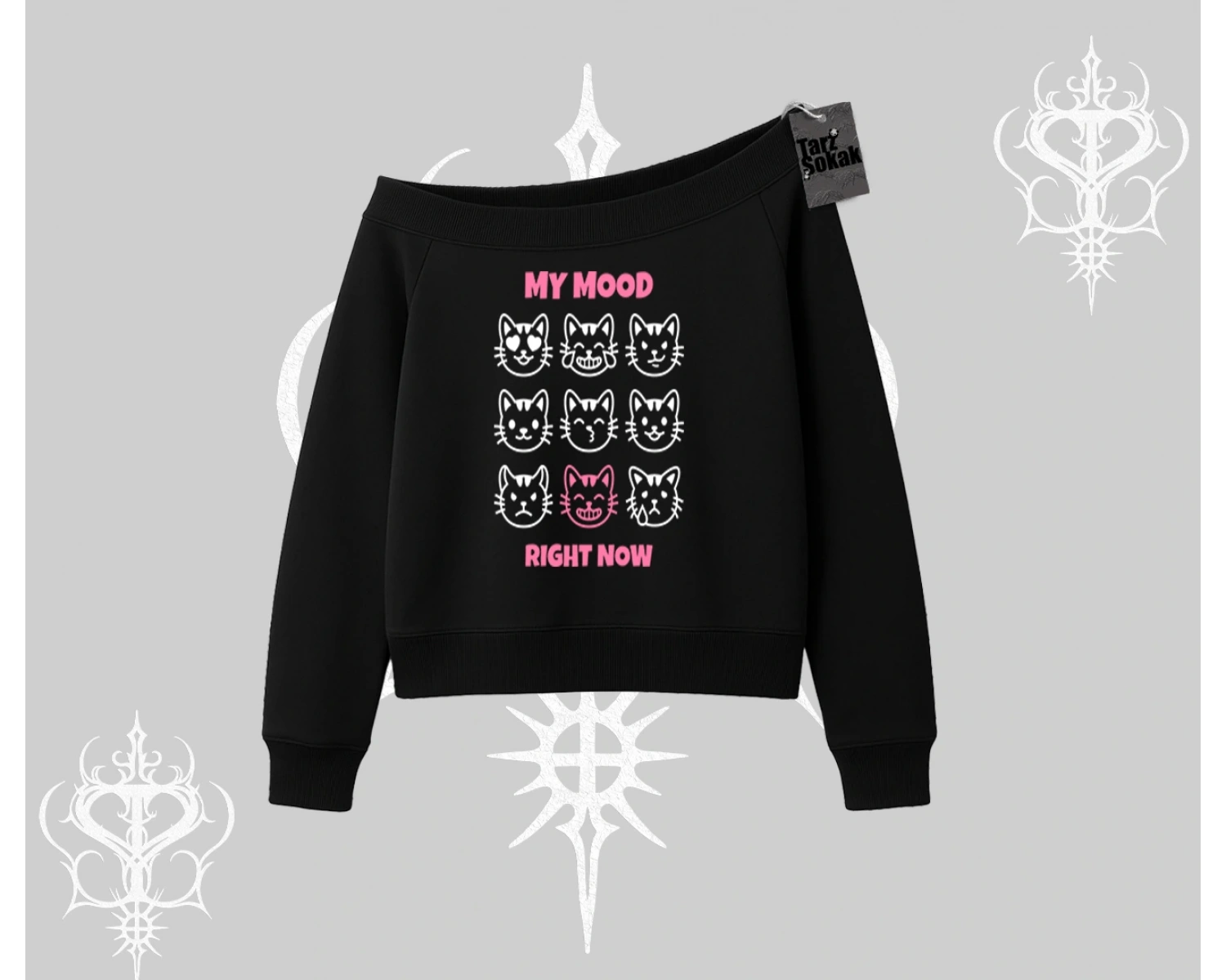 My Mood Right Now Yazılı Sevimli Kedi Kayık Yaka Sweatshirt