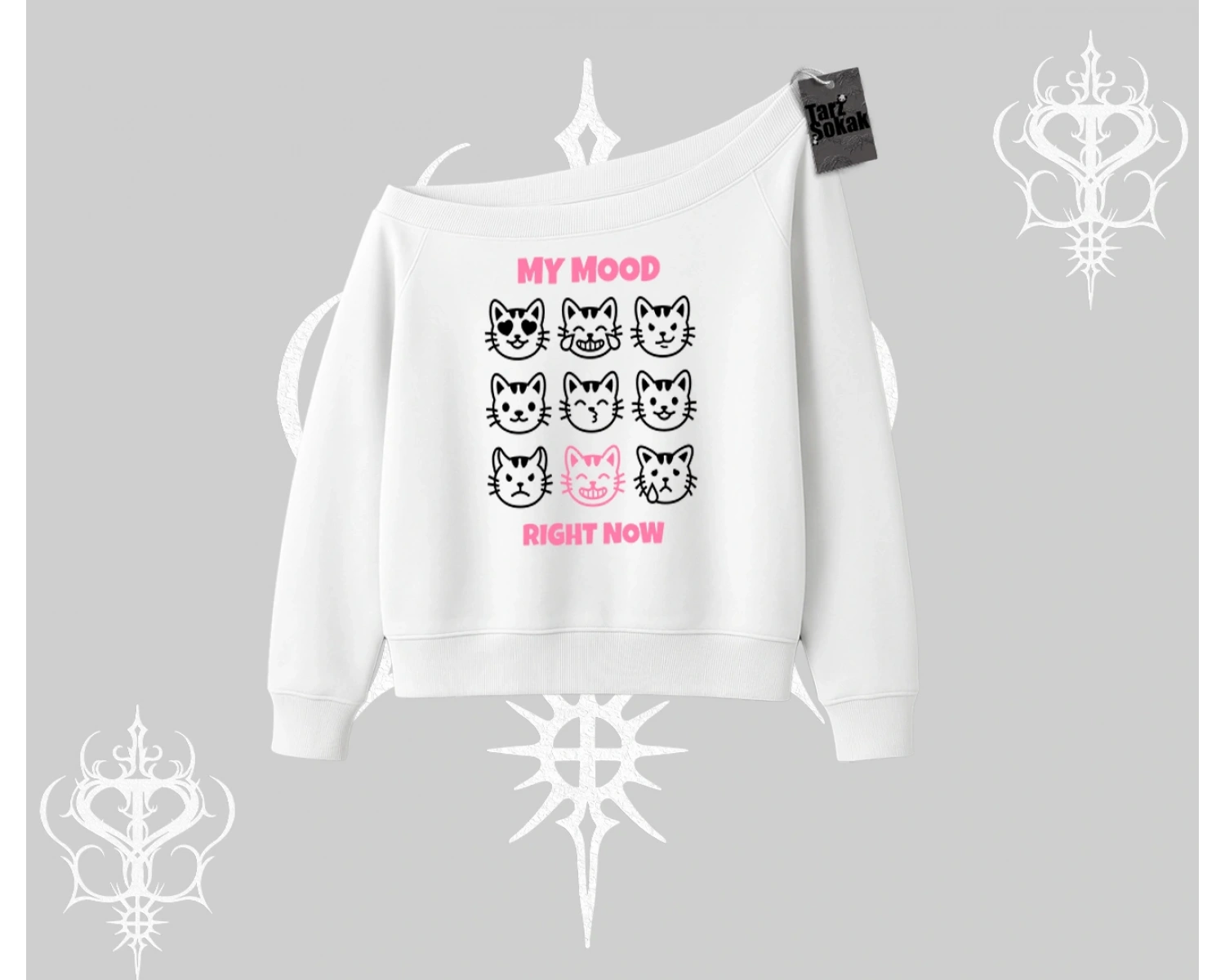 My Mood Right Now Yazılı Sevimli Kedi Kayık Yaka Sweatshirt