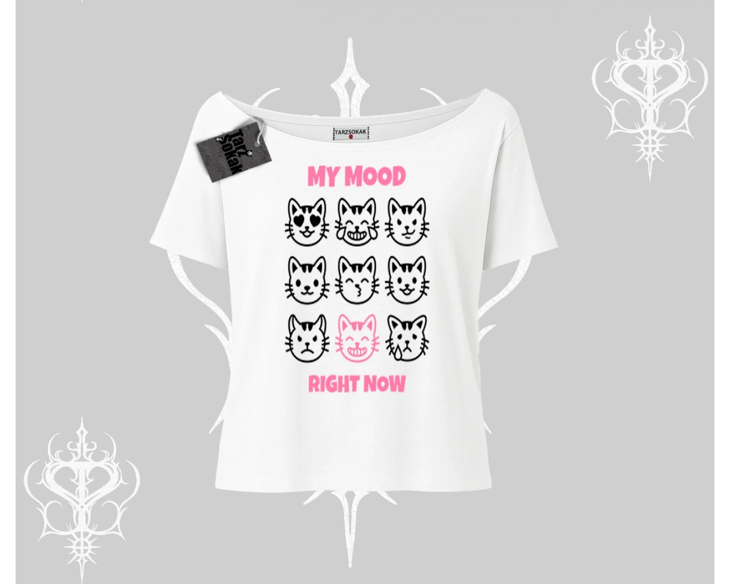 My Mood Right Now Yazılı Sevimli Kedi Kayık Yaka Tshirt