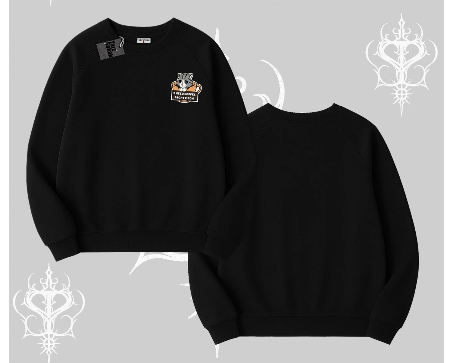 Need Coffee Right Meow Yazılı Kedi Baskılı Biskilet Sweatshirt