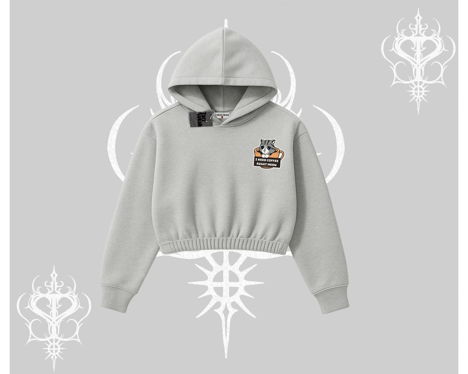 Need Coffee Right Meow Yazılı Kedi Baskılı Kapşonlu Crop Sweatshirt