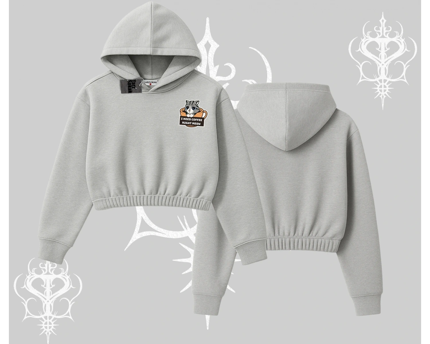 Need Coffee Right Meow Yazılı Kedi Baskılı Kapşonlu Crop Sweatshirt