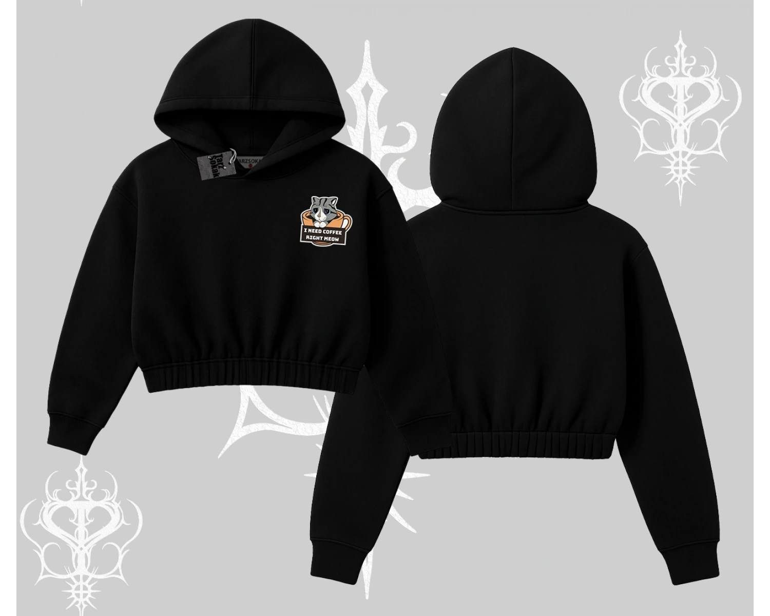 Need Coffee Right Meow Yazılı Kedi Baskılı Kapşonlu Crop Sweatshirt