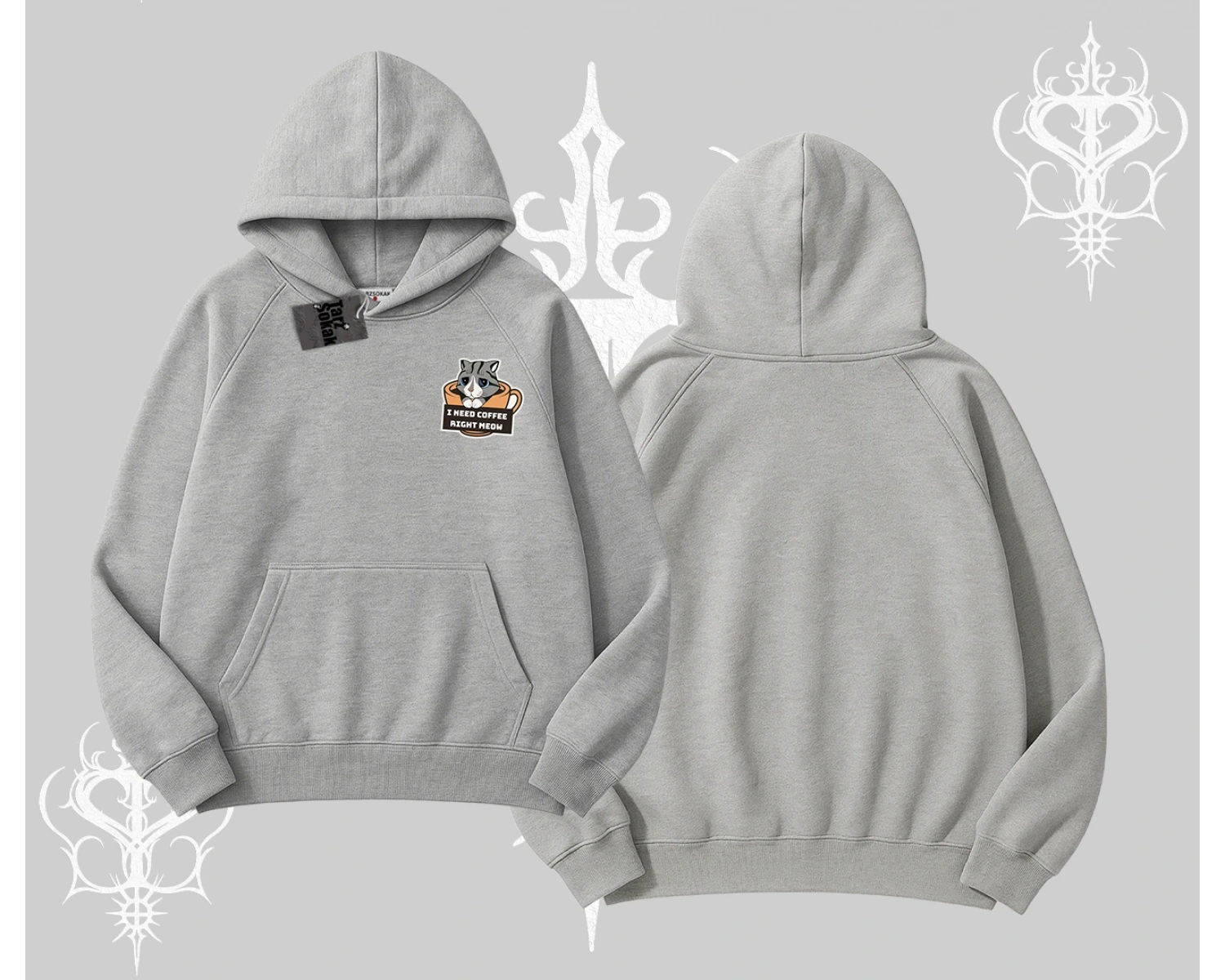 Need Coffee Right Meow Yazılı Kedi Baskılı Kapşonlu Sweatshirt