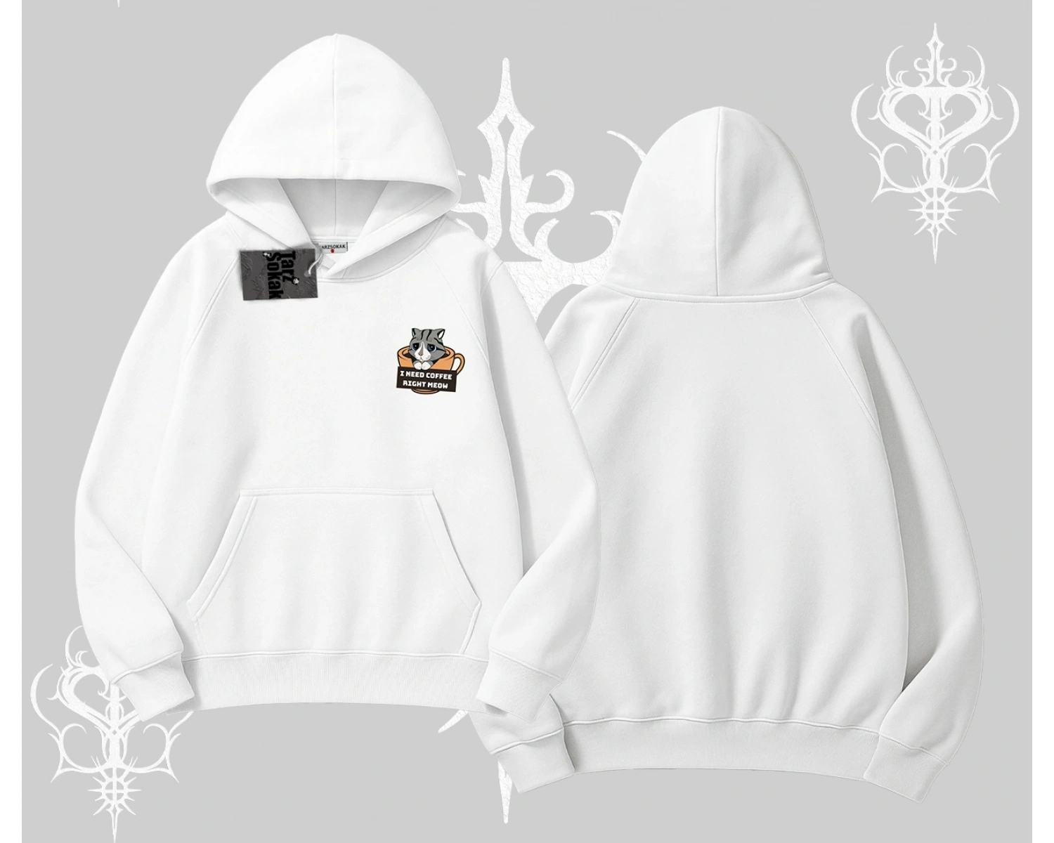 Need Coffee Right Meow Yazılı Kedi Baskılı Kapşonlu Sweatshirt