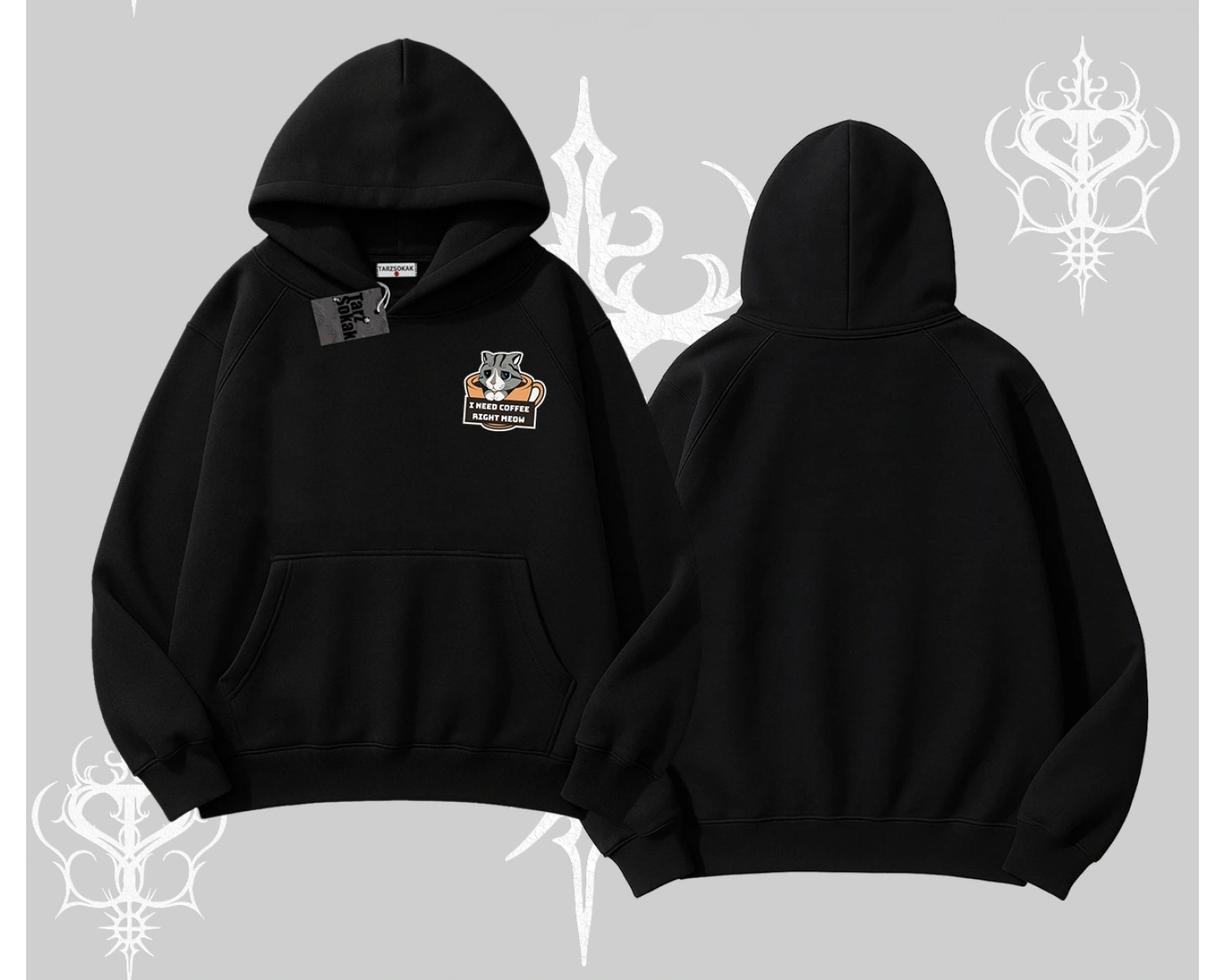 Need Coffee Right Meow Yazılı Kedi Baskılı Kapşonlu Sweatshirt