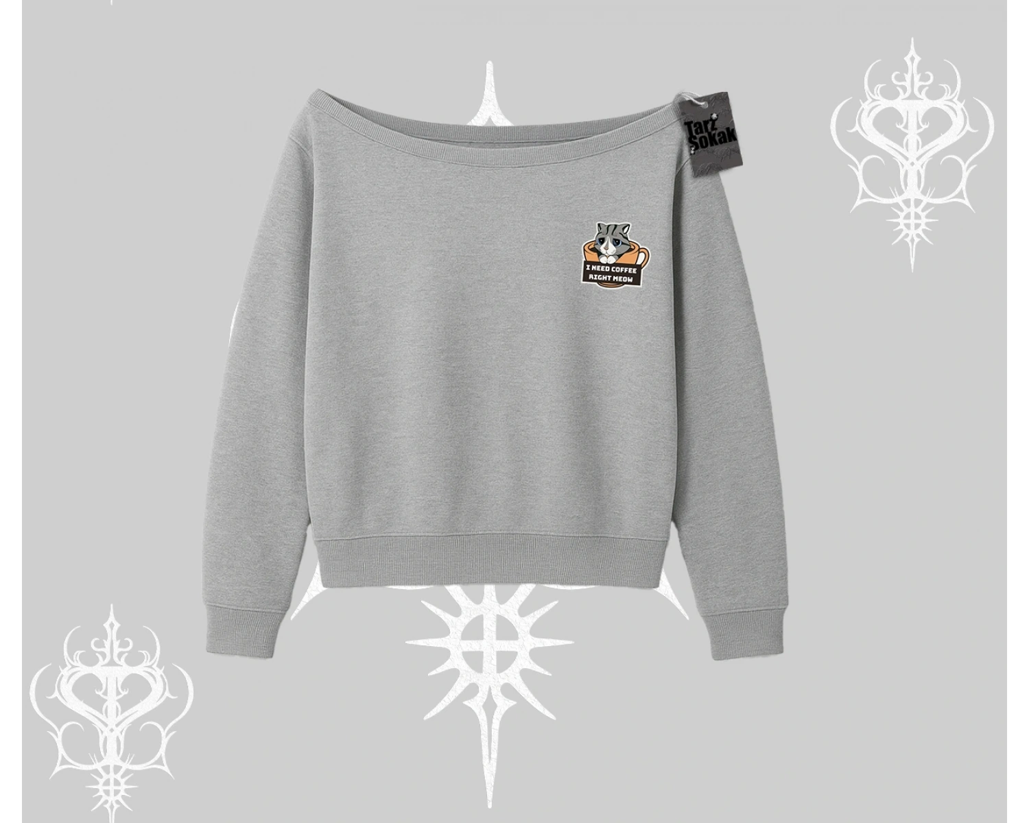 Need Coffee Right Meow Yazılı Kedi Baskılı Kayık Yaka Sweatshirt