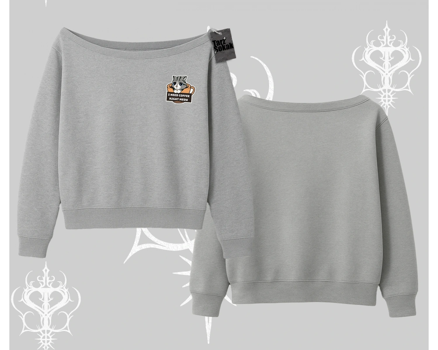 Need Coffee Right Meow Yazılı Kedi Baskılı Kayık Yaka Sweatshirt