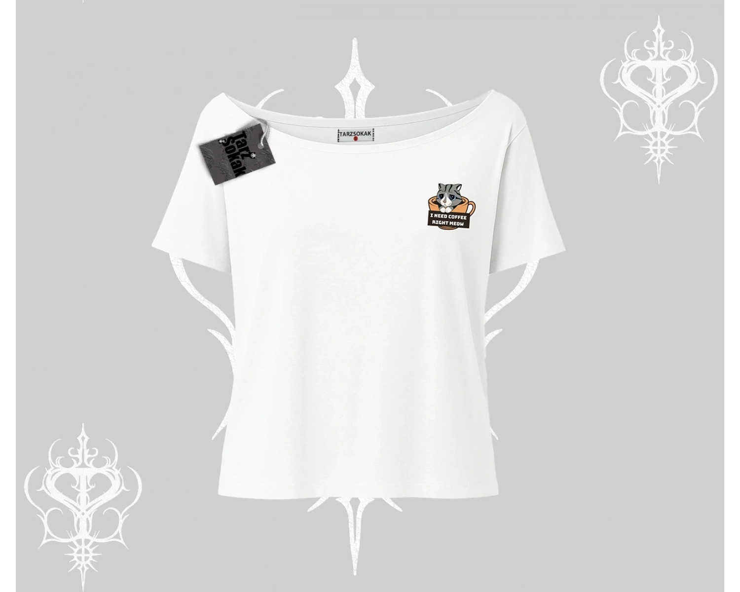 Need Coffee Right Meow Yazılı Kedi Baskılı Kayık Yaka Tshirt